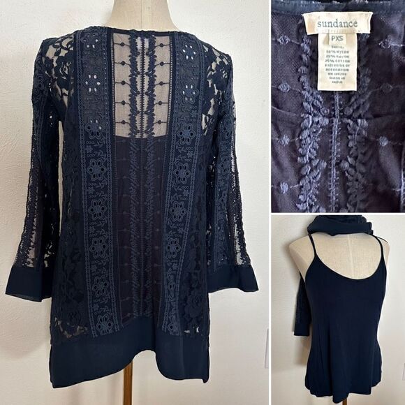 Sundance Sense of Style Navy Lace Tunic Top PXS - Picture 3 of 3